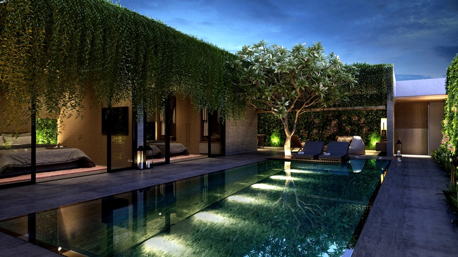 A sleek pool surrounded by a lush green wall in a contemporary home setting, showcasing modern design and tranquility.