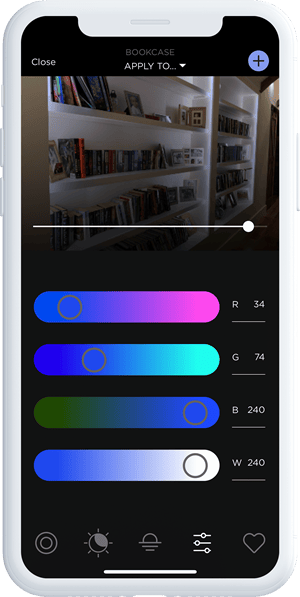 Savant brand mobile interface for controlling bookcase lighting with RGB color settings.