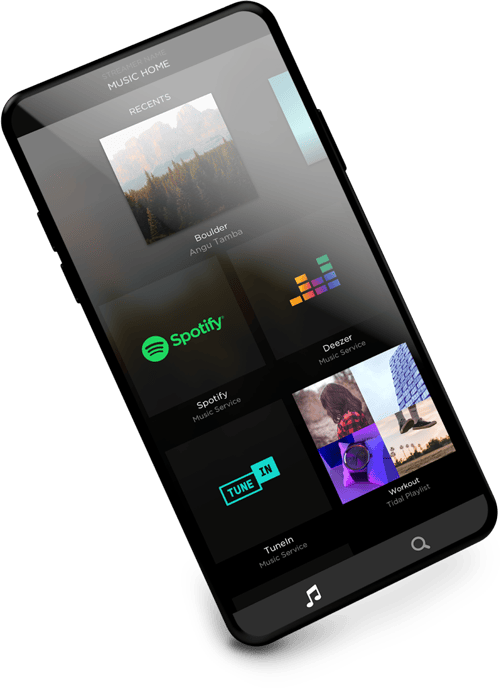 Savant app's music home screen on a smartphone, featuring recent music selections and various streaming services like Spotify, Deezer, TuneIn, and Tidal, displayed at an angle.