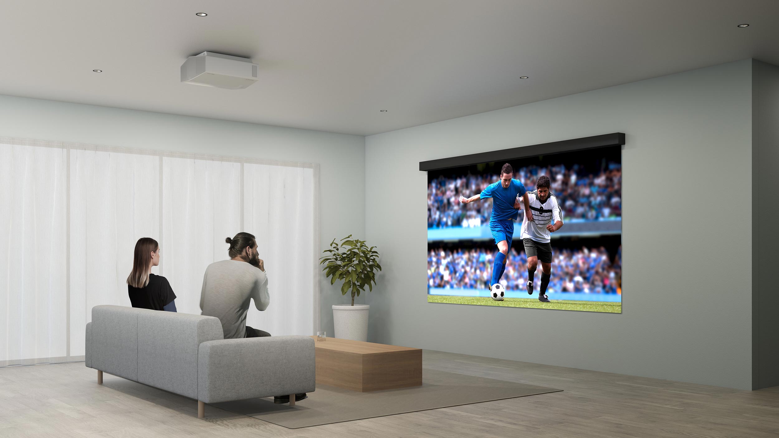 A modern living room with a ceiling projector displaying a soccer match on a wall-mounted screen.