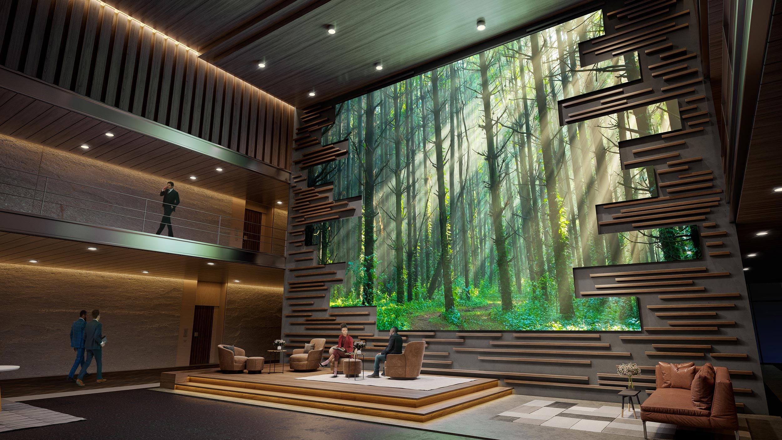 A Sony video wall in an elegant atrium showcasing a serene forest scene with sunlight streaming through trees.