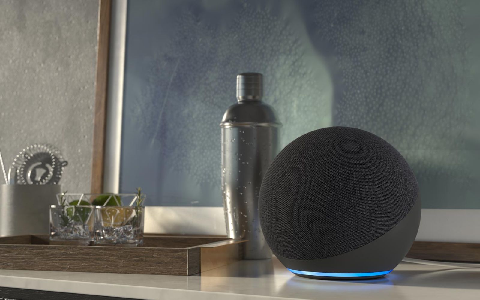 Smart speaker with glowing light ring on kitchen counter