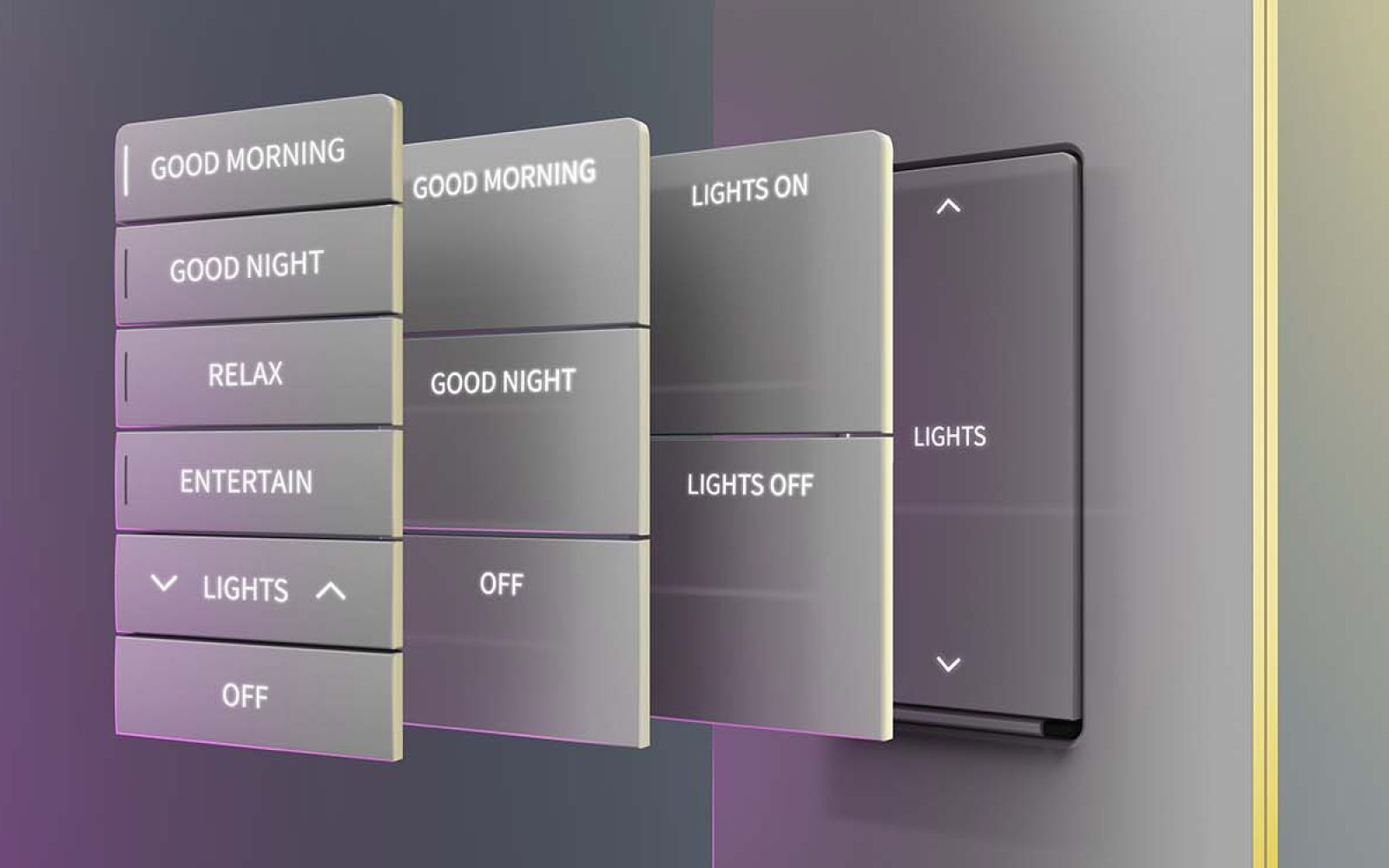 Stack of white smart remotes on wooden table next to potted plant