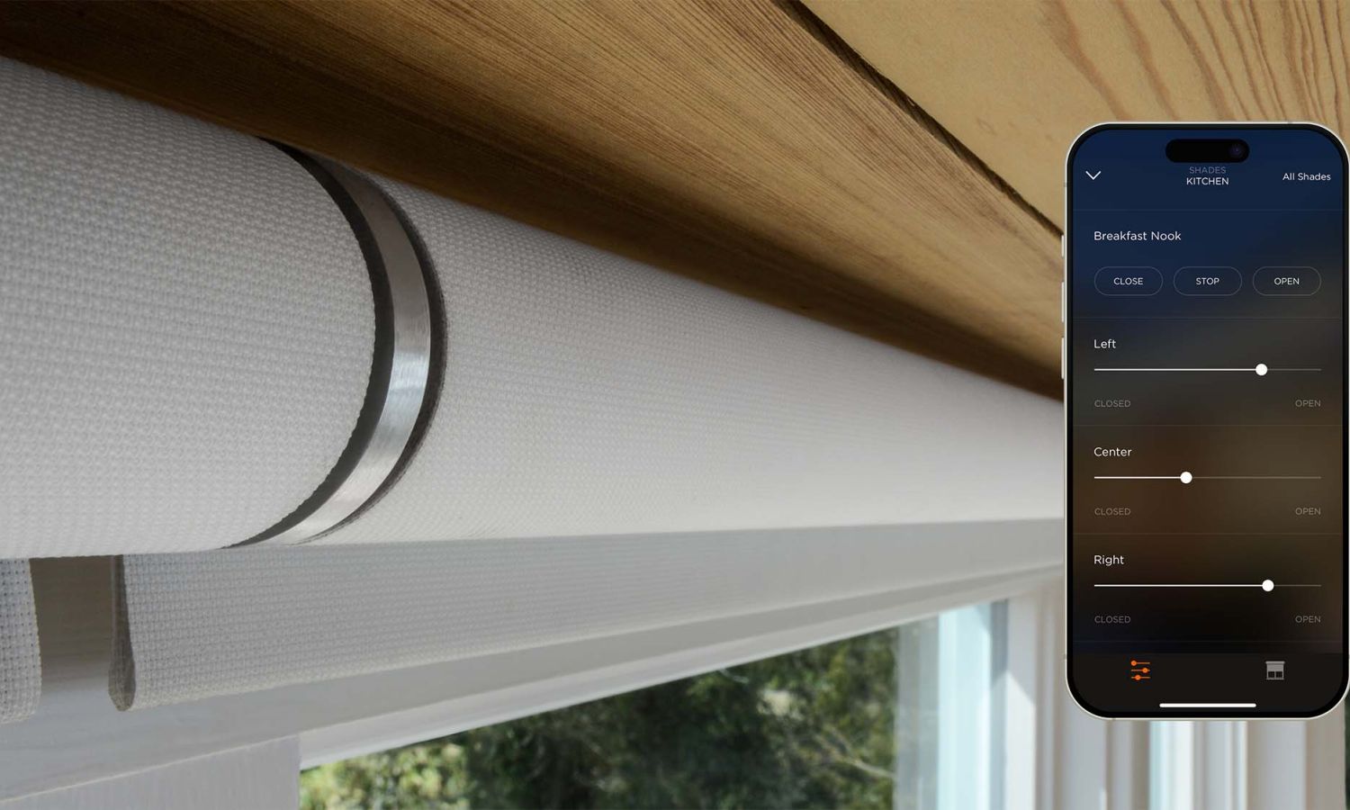 up close image of a savant interface and roller shades