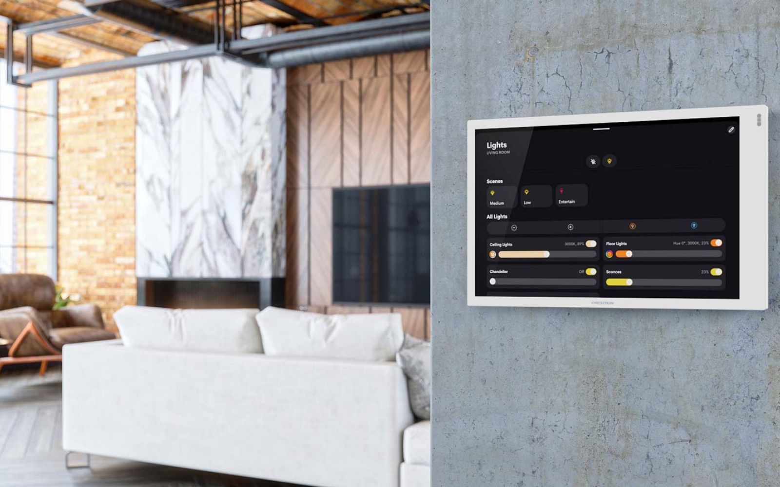 Smart home control interface displayed on white tablet in kitchen
