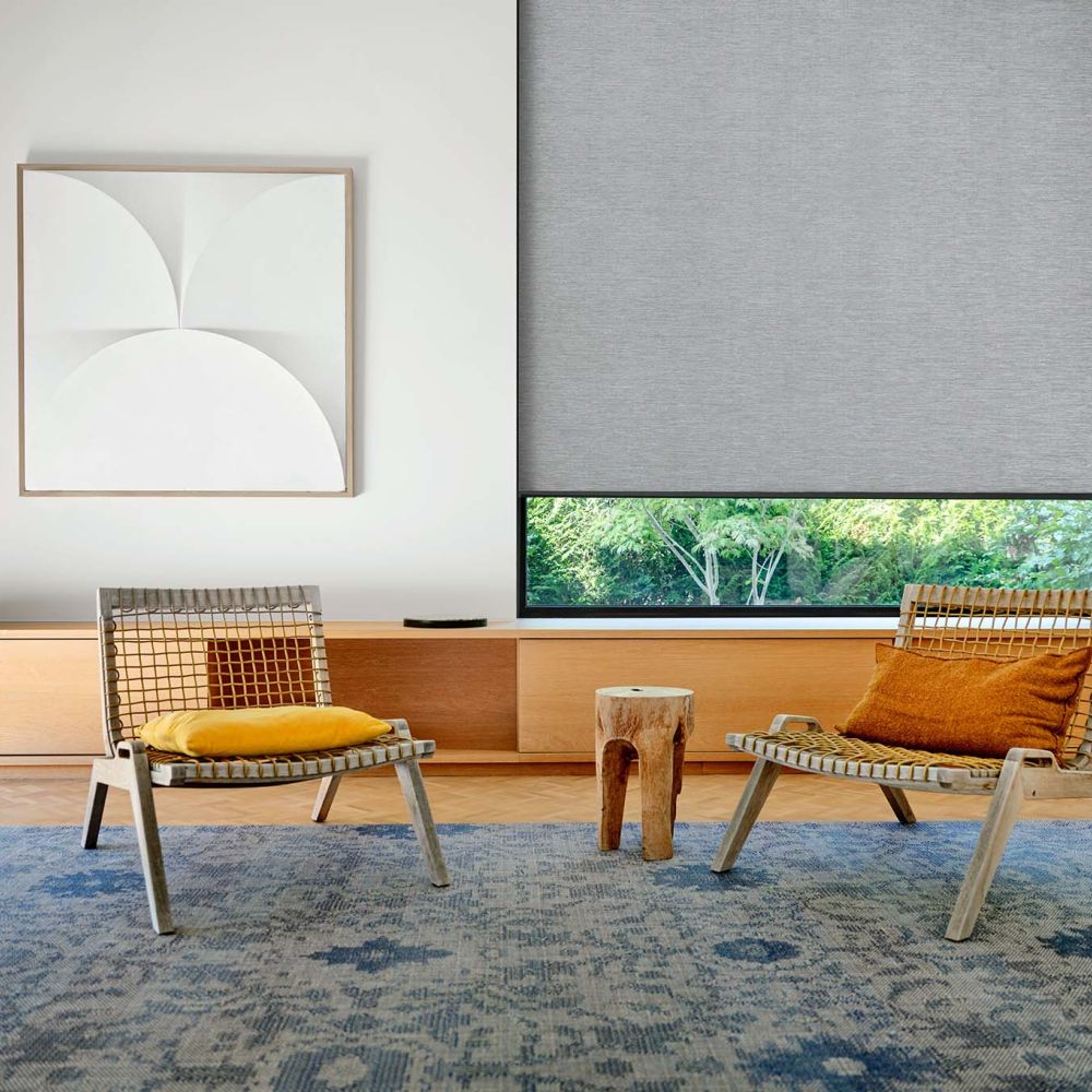 crestron roller shades with city view out window